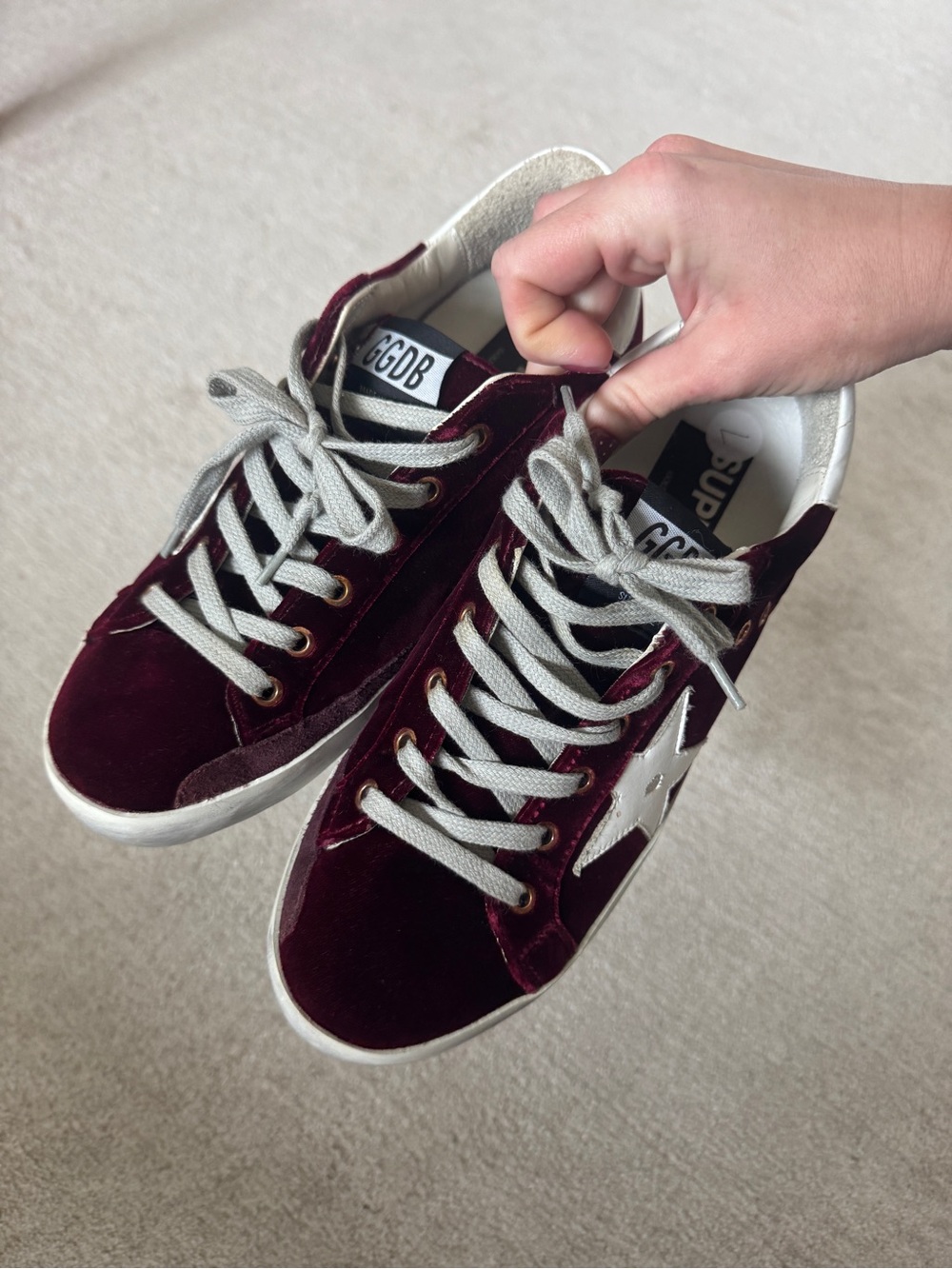 Golden Goose Velvet Burgundy Star Sneakers with White Heel - Picture 2 of 11